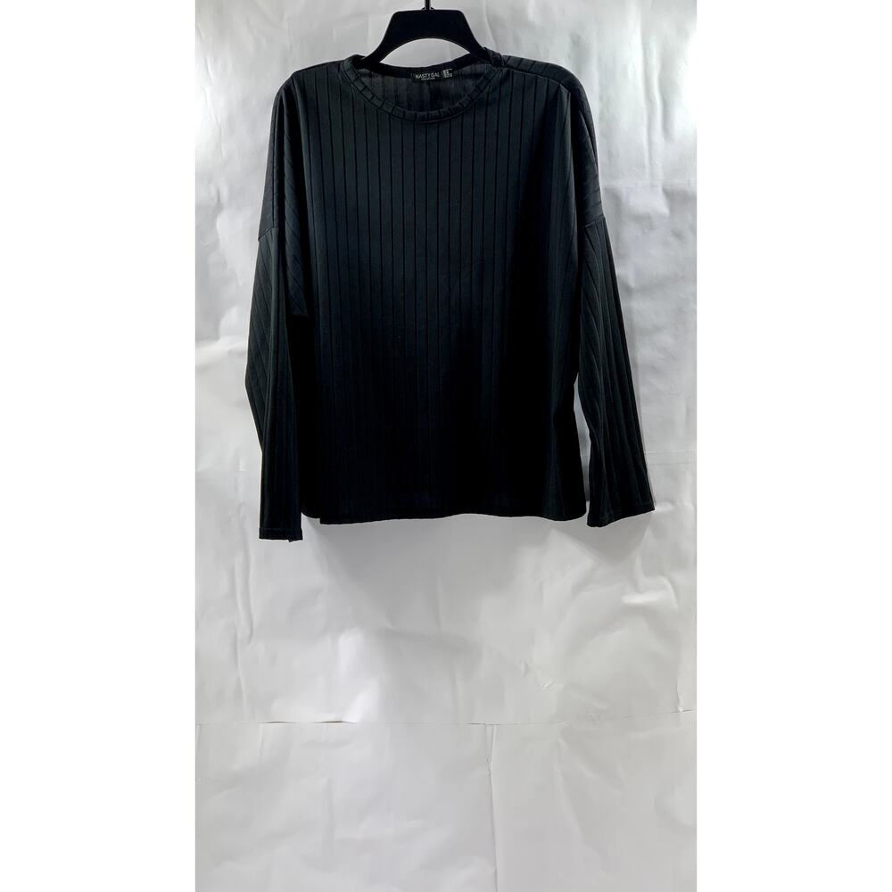 NASTY GAL Collection Women's Black Wide-Rib Crewneck Long Sleeve Top SZ 10